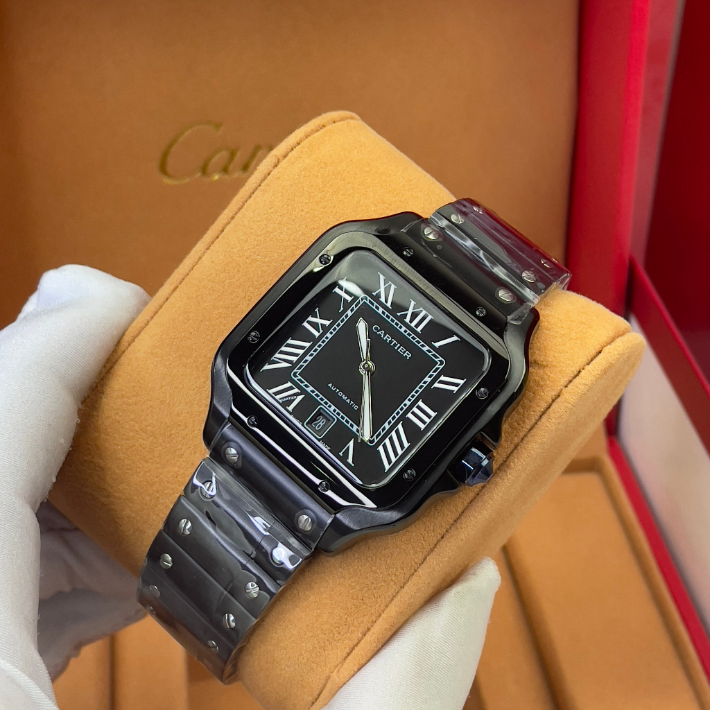 Đồng hồ Nam Catiers vuông  máy nhật chạy cơ Automatic size 401mm mặt đen vỏ trắng dây kim loại