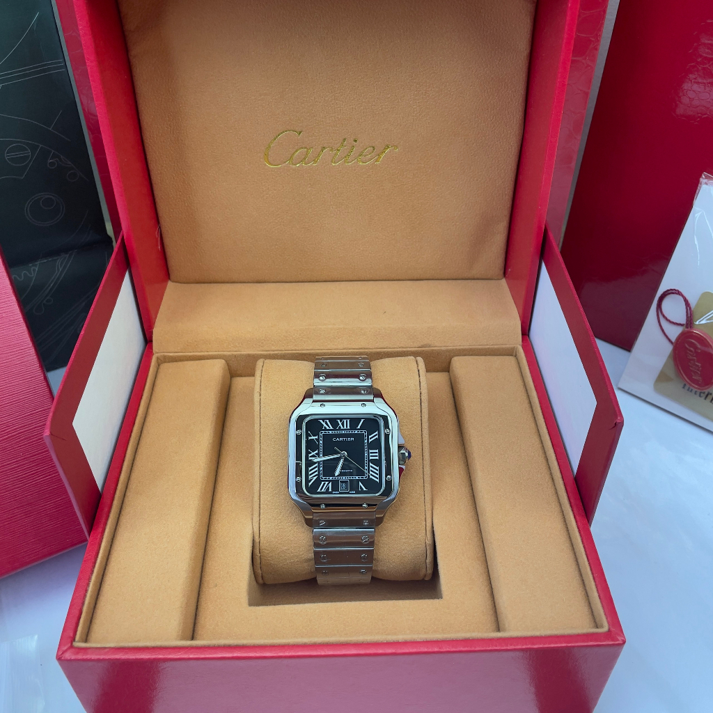 Đồng hồ Nam Catiers vuông  máy nhật chạy cơ Automatic size 401mm mặt đen vỏ trắng dây kim loại