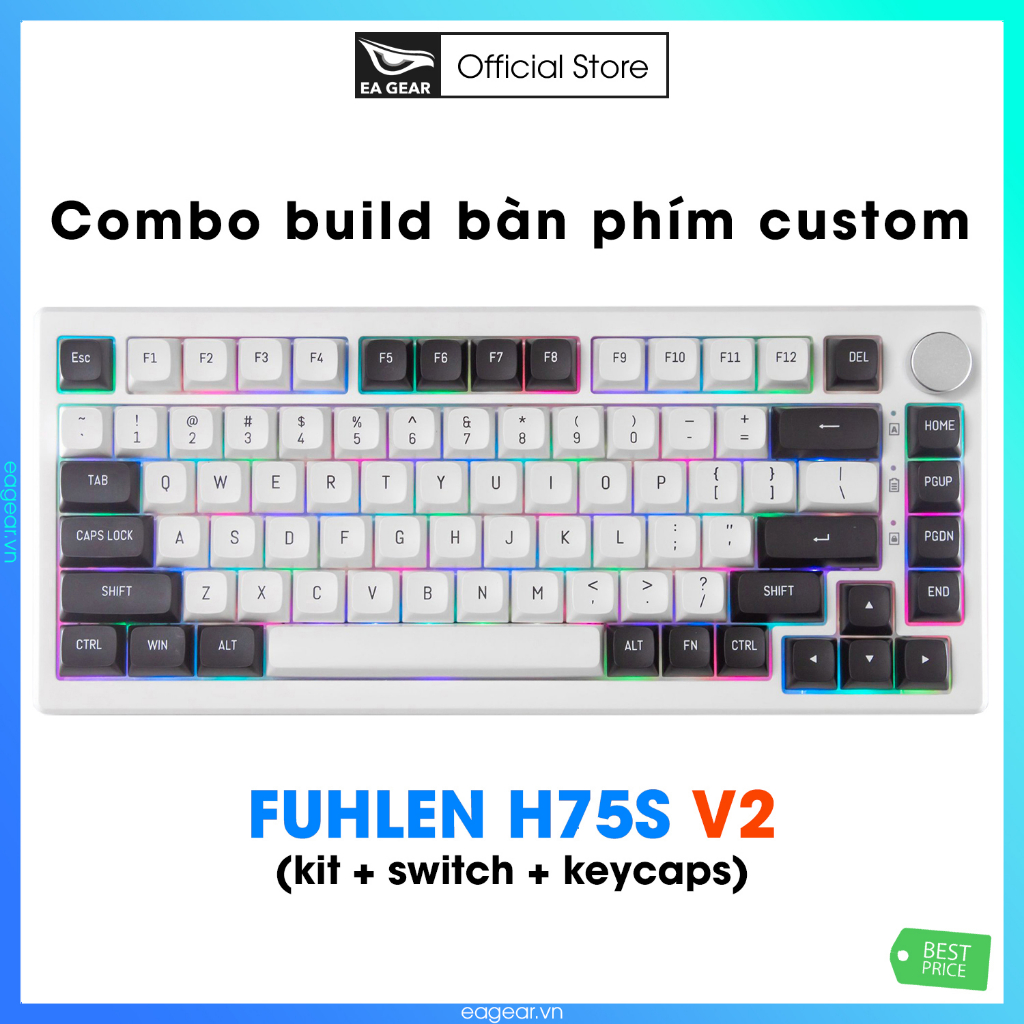 Combo build bàn phím cơ Fuhlen H75S V2 (mạch xuôi, 3 modes, RGB) - EA Gear