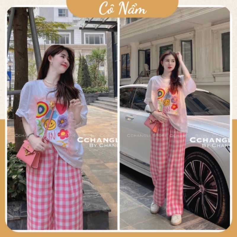 Set Bộ Đồ Nữ Áo Phông Cotton Khô Hoa Bèo Cầu Vồng Mix Quần Suông Thô Ống Rộng Freesize