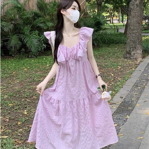 Váy đi biển hở lưng babydoll L66 đầm nữ dáng dài đan lưng cổ bèo tiểu thư nhẹ nhàng V31 L66