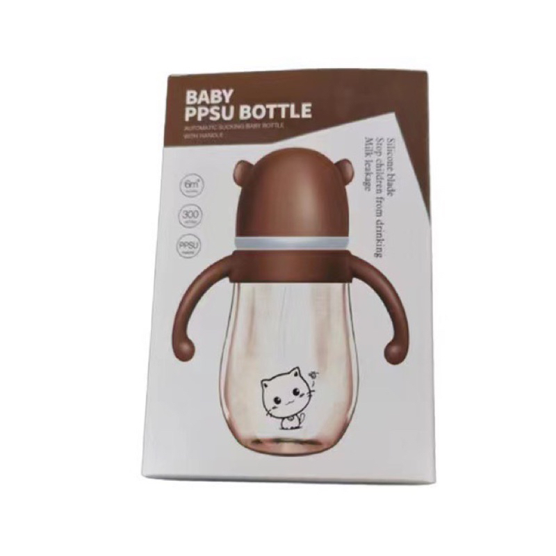 Bình sữa hình mèo PPSU cổ rộng chống sặc dung tịch 240/300ml kèm tay cầm van chống sặc