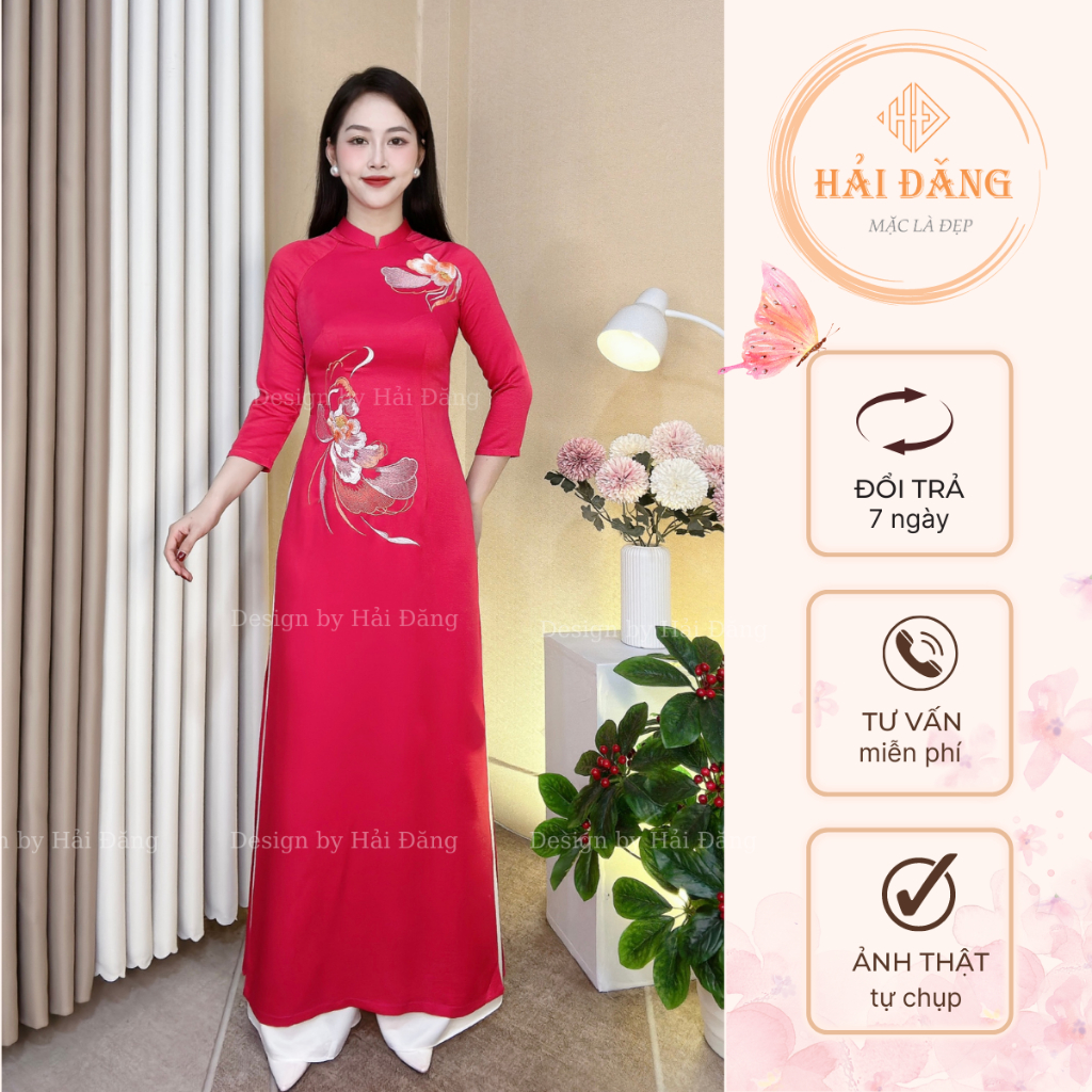 Áo dài truyền thống đỏ hồng lụa tây thi có co giãn thêu hoa bay sang trọng, áo dài tay lỡ cổ cao 2 cm may sẵn siêu xinh