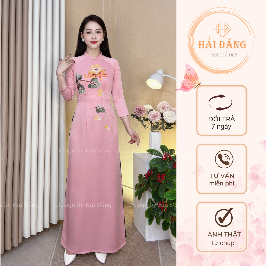Áo dài thêu hồng phấn thêu hoa cúc lụa tây thi cao cấp có co giãn, áo dài Hải Đăng tay lỡ cổ cao 2cm phom áo đẹp