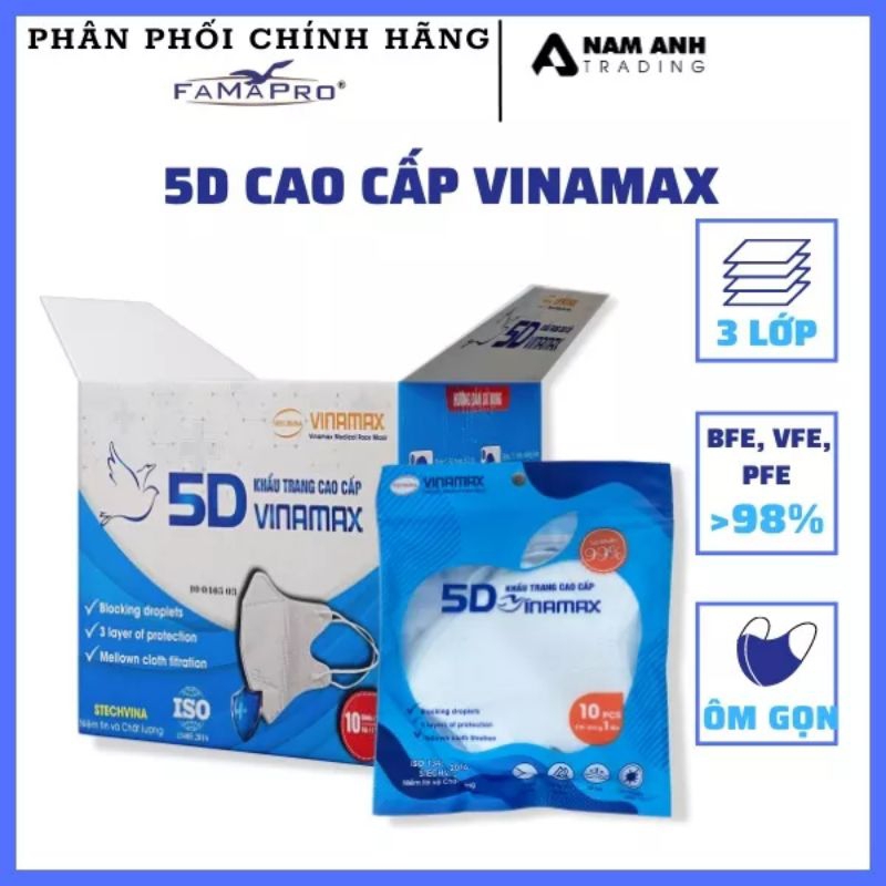 Hộp 100 Cái Khẩu Trang Y Tế 5D VINAMAX  Lọc Khuẩn 99% An Toàn Chất Lượng Cao