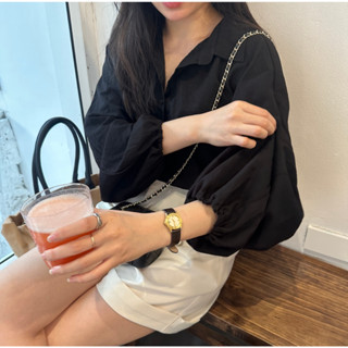 [HÀNG CÓ SẴN] Áo sơ mi đen trắng tay bồng freesize CHLOE TOP phong cách tiểu thư Hàn Quốc chất đũi mát
