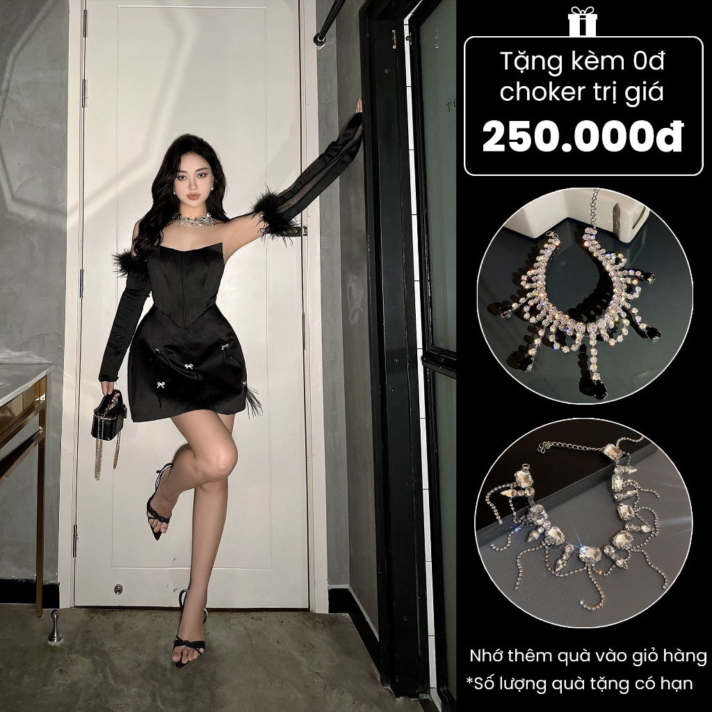 Váy Corset Chữ A Đính Nơ Tua Rua Kèm Bao Tay Lông Vũ LSEOUL V1455 Sang Trọng Phù Hợp Đi Tiệc