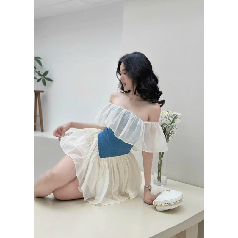 Jum Tơ Trễ Vai Tầng Phối Jeans Mềm Dáng Xoè Có Lót Quần | BigBuy360 - bigbuy360.vn