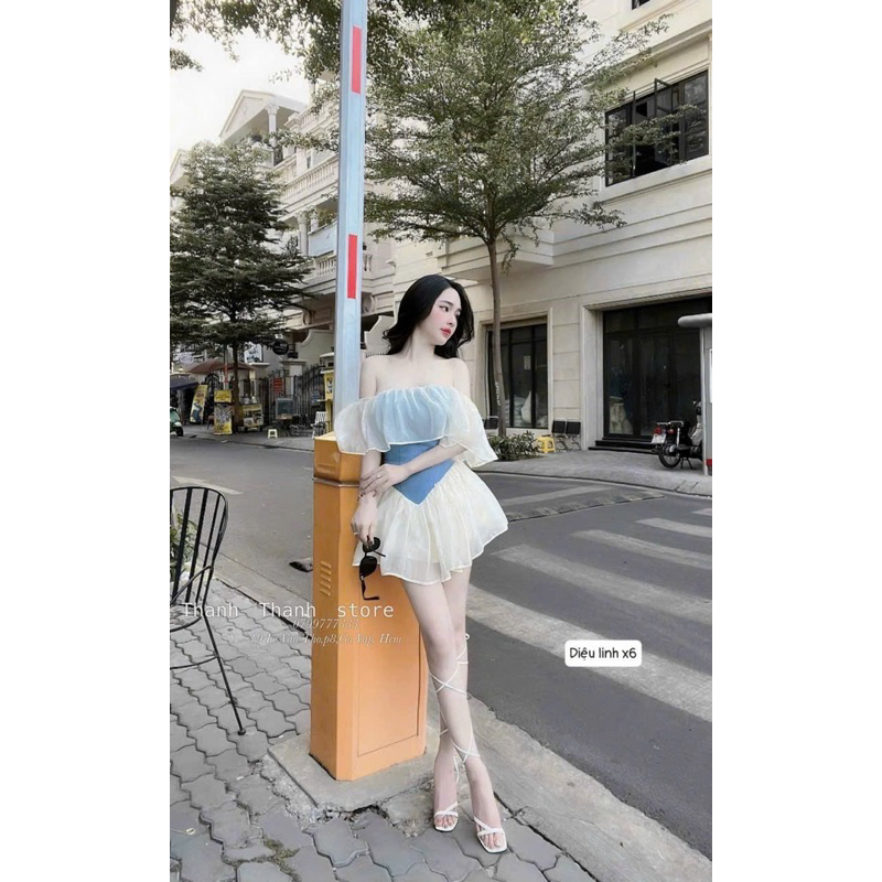 Jum Tơ Trễ Vai Tầng Phối Jeans Mềm Dáng Xoè Có Lót Quần | BigBuy360 - bigbuy360.vn