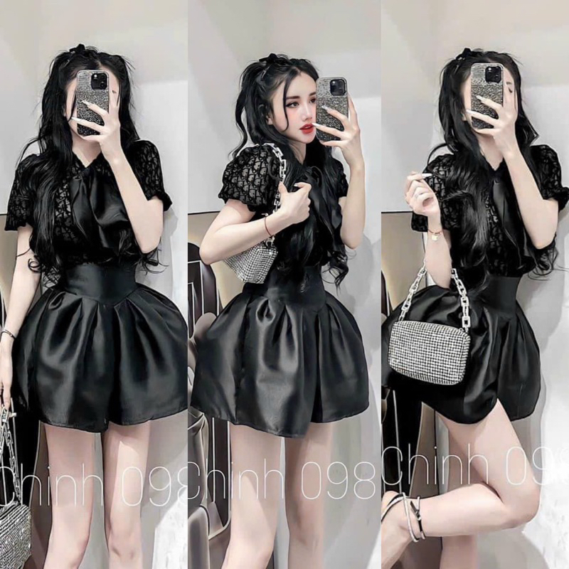 Set Bộ Áo Tay Ngắn Nơ To Chằn Nổi Dio Đen Full Cây + Quần Short Tapta Xoè Lưng Bảng