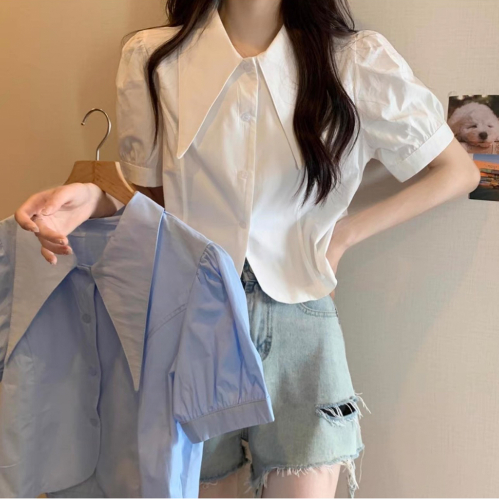 Áo sơ mi croptop, Áo croptop cổ bèo tay bồng vạt áo tròn màu pastel xinh xắn