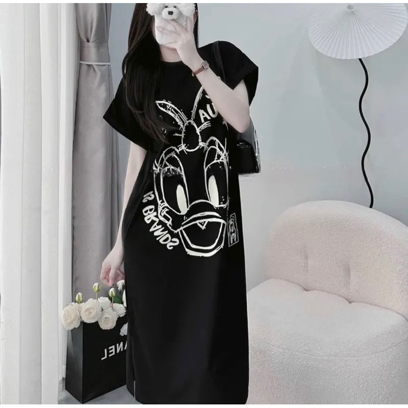Váy suông dáng dài tay hến in hình vịt , đầm thun cotton dáng dài form rộng vịt 3d xinh xắn