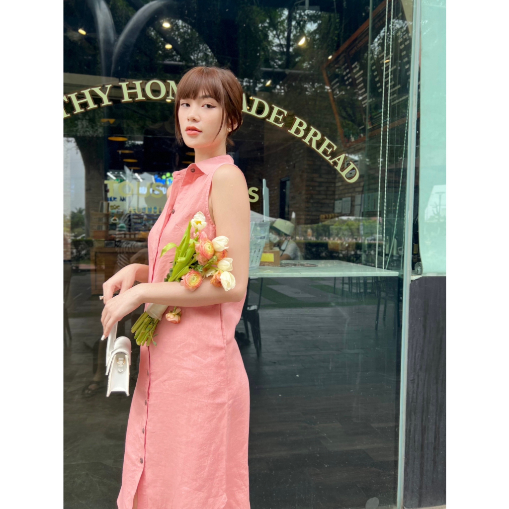 Đầm Sơ Mi Trơn ROXY Kiểu Sát Nách Vải Linen Tưng Thoáng Mát, Phong Cách Năng Động 9040