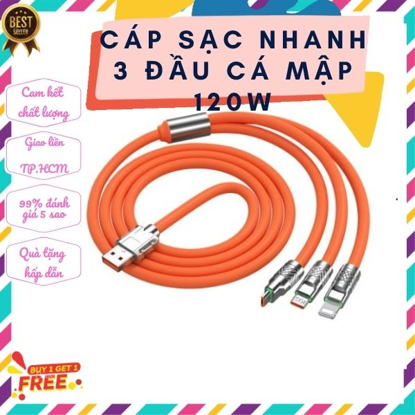 Cáp Sạc Nhanh 3 Đầu Cá Mập 120w Hỗ Trợ Sạc Nhanh 3 Trong 1, Chất Liệu Silicon và Hợp Kim Kẽm Siều Bền