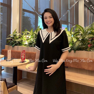 Đầm bầu, váy bầu công sở GUME Váy bầu đẹp, đầm bầu đi tiệc bigsize 40-100kg dáng suông phối cổ nhọn trắng MB249