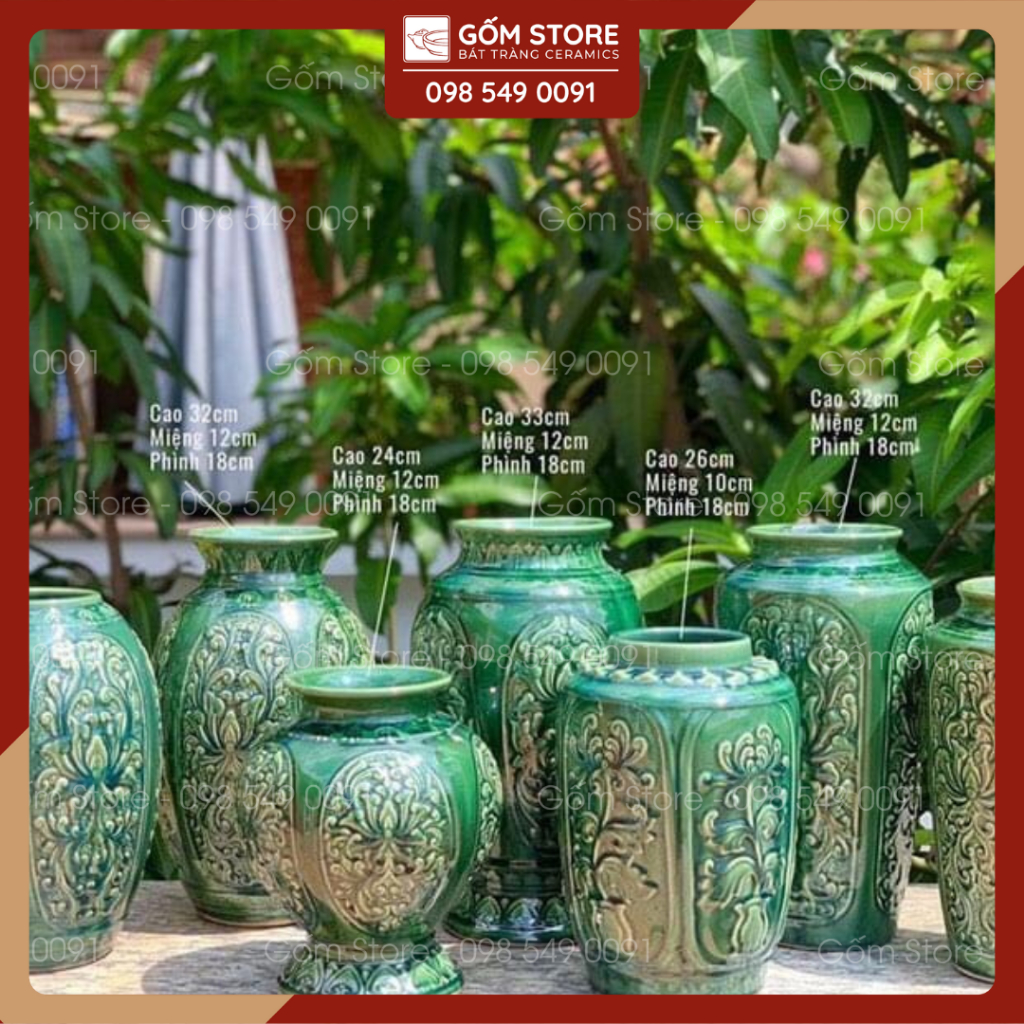 Bình hoa trang trí xanh ngọc bích vân nổi - Lọ cắm hoa gốm sứ cao cấp - Gốm Store