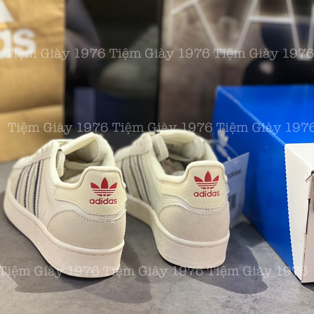 Giày Thể Thao Adidas Sò Xám Gót Đỏ Hàng SC ,Giày Superstar Cloud White Mũi Sò Xám Da Lộn Aluminium Vivid Red