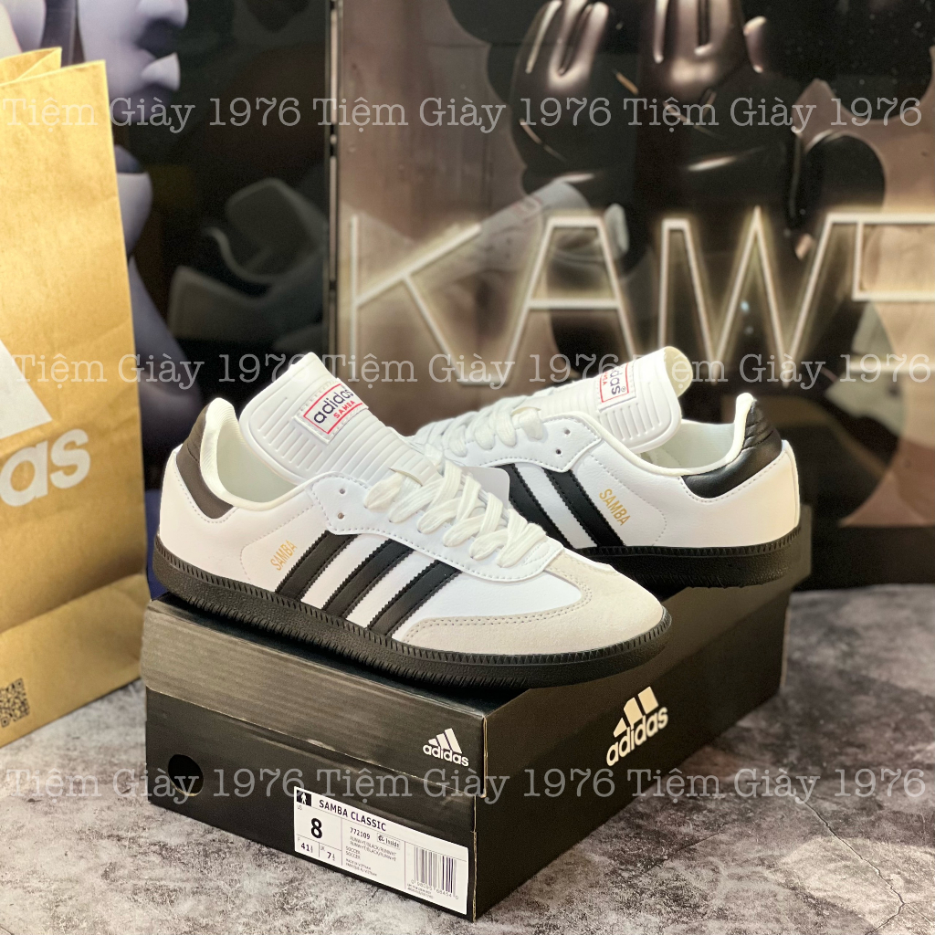 Giày Thể Thao Cổ Thấp AD Samba Classic 'White' - Samba Trắng Sọc Đen Đế Đen Lưỡi Gà Dài Giản Dị Nam Nữ