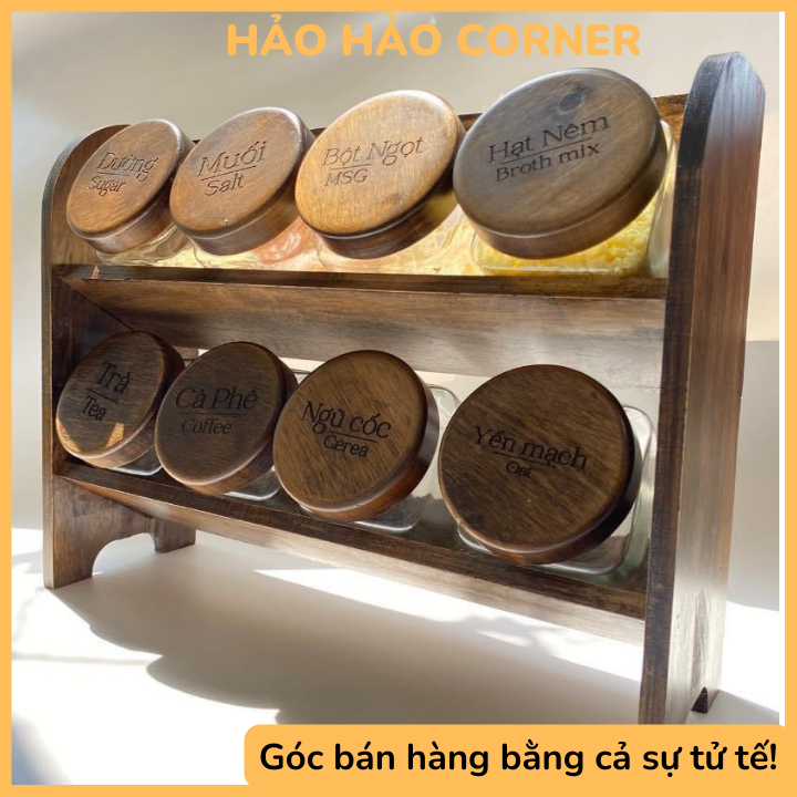 Kệ gỗ xéo 2 tầng đựng hũ gia vị bếp, kệ bàn bếp
