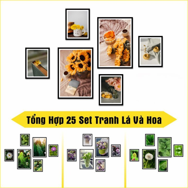 Set 6 tranh treo tường, tranh dán tường hoa và lá cây siêu đẹp có sẵn keo hai mặt siêu dính T32