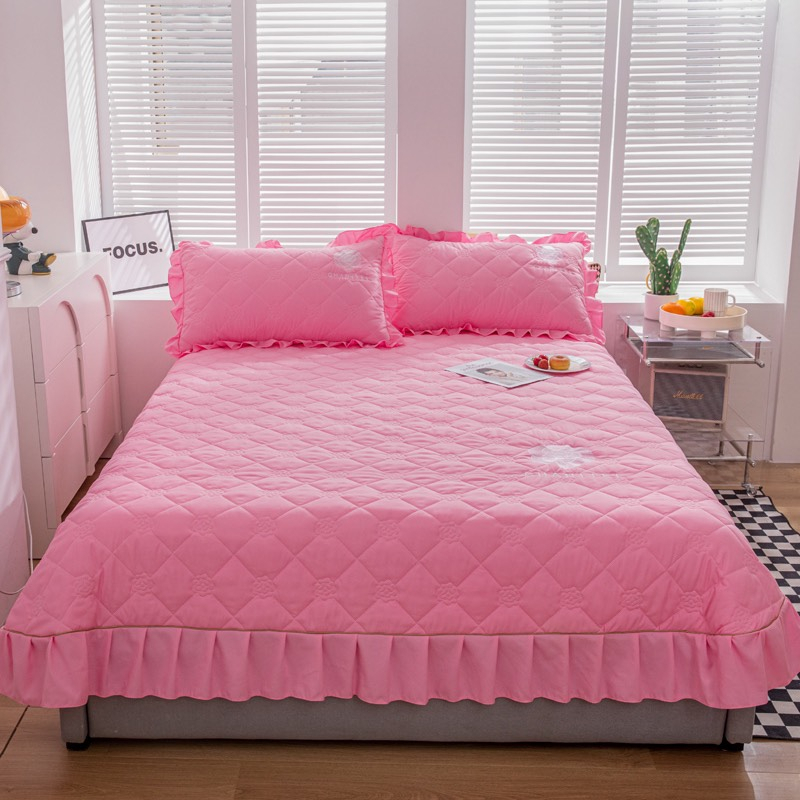 Bộ ga gối cotton đũi Chanitel phủ viền bèo thoáng mát ,Ga giường vỏ gối đũi cotton trần hoa trà sang trọng mẫu mới 2023