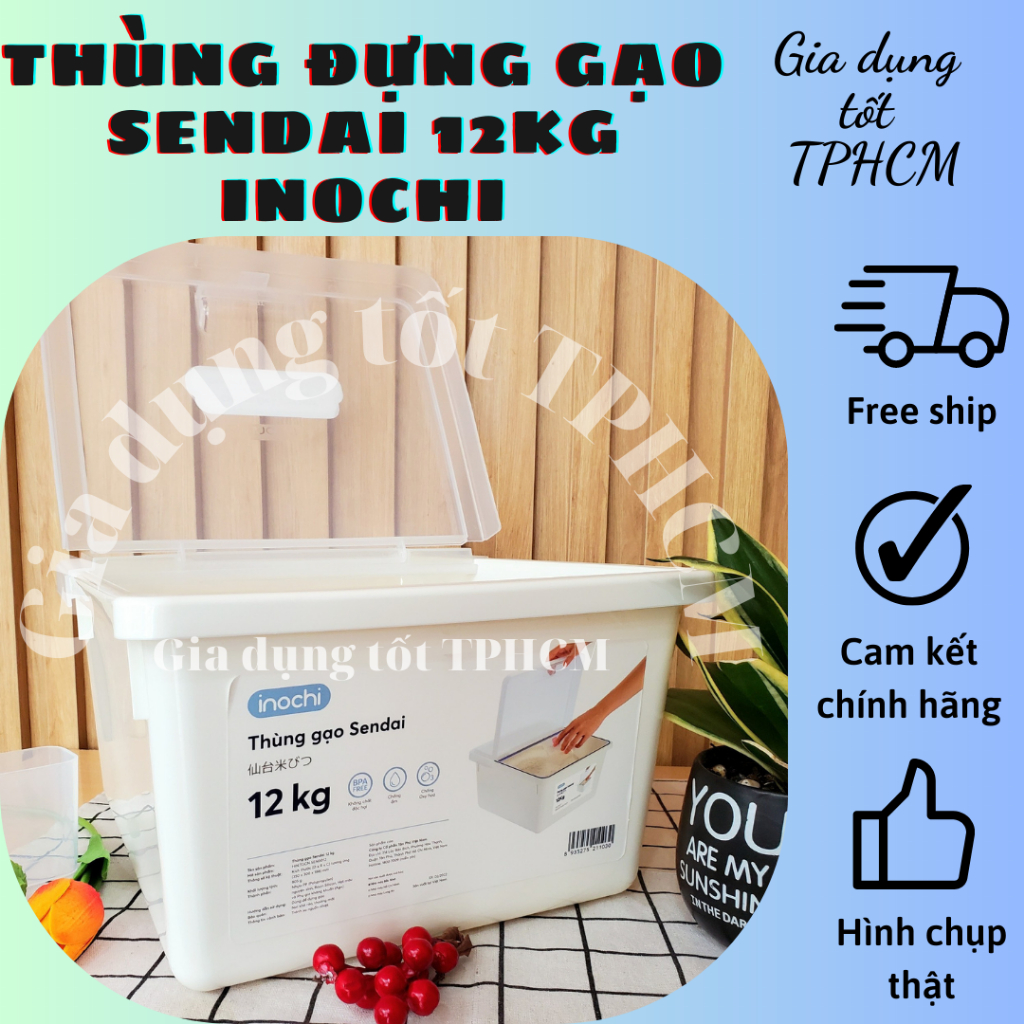 Thùng gạo SENDAI INOCHI 12kg, thùng đựng gạo thông minh đựng thực phẩm đa năng có nắp kèm cốc đong gạo tránh côn trùng
