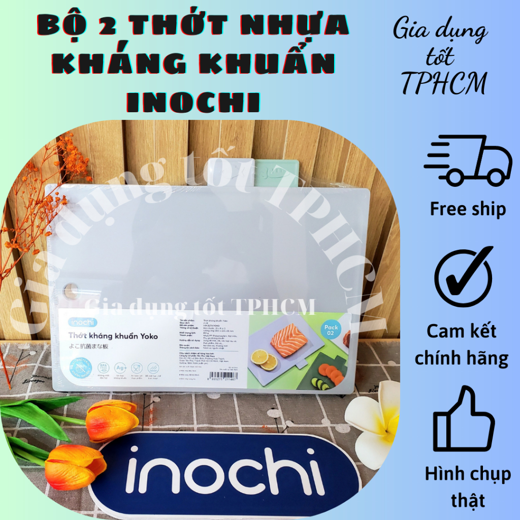 Bộ Thớt Nhựa Kháng Khuẩn, bộ 2 thớt Inochi có phân biệt thức ăn, vệ sinh dễ lau chùi, thớt kháng khuẩn, màu sắc đa dạng