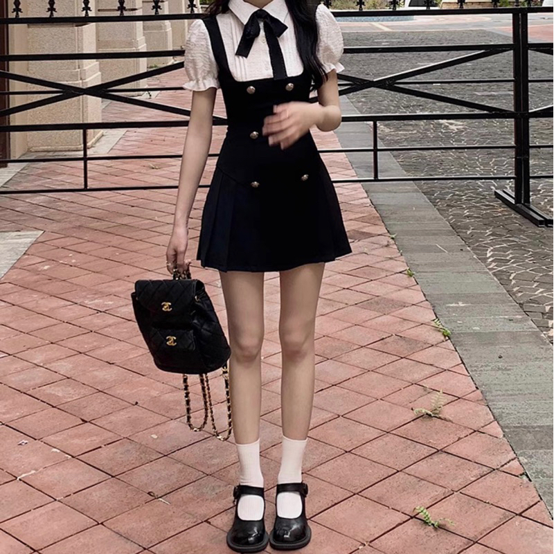 🌼 Ảnh thật 🌼 Váy giả 2 lớp cổ sơmi phối nơ cổ gile đen dáng chữ A công sở tiểu thư BABY ROSA DRESS H614
