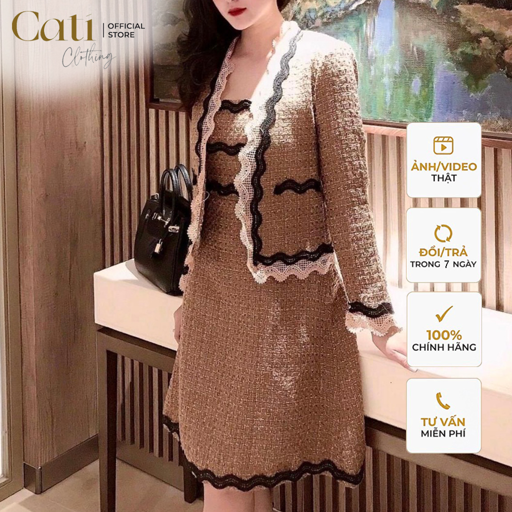 Set Dạ Áo Khoác Phối Váy 2d Phối Ren A1877 Chất Vải Tweed Cao Cấp 2 Lớp Ren Phối Sang Chảnh