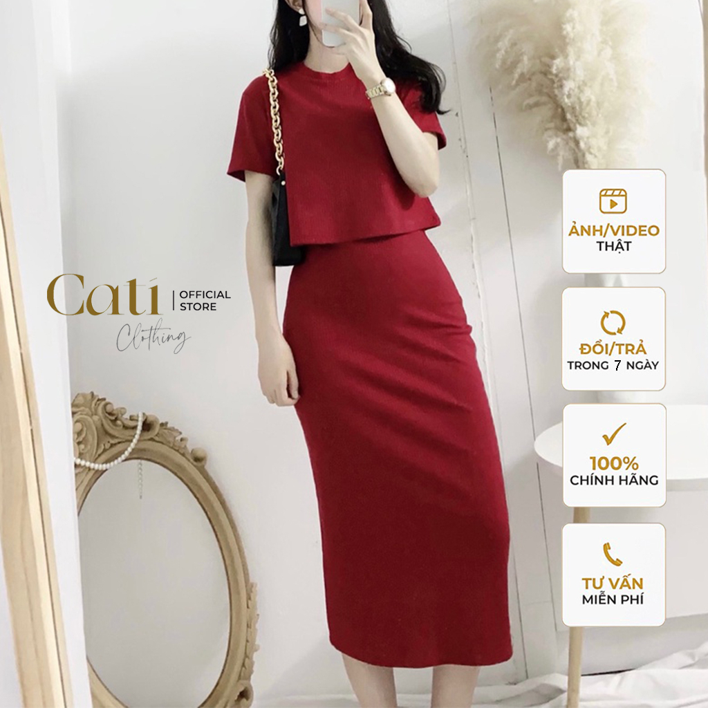 Set Bộ Len Tăm Áo Crotop Phối Chân Váy A2168 Bút Chì Cạp Chun, Xẻ Sau Tôn Dáng
