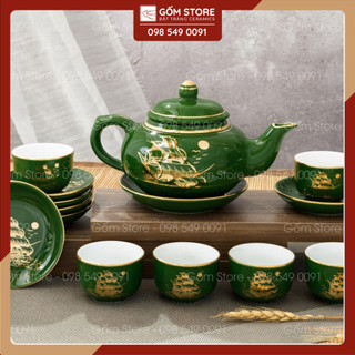 Bộ ấm chén Bát Tràng hoạ tiết vàng kim cao cấp - Ấm chén uống trà gốm Bát Tràng - Gốm Store