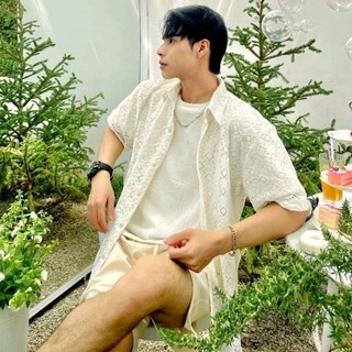 Áo sơ mi ren unisex S2M tay ngắn cổ bẻ, áo sơ mi nam nữ màu kem from oversize style Hàn Quốc