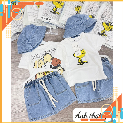 Set bộ bé trai kèm mũ jean họa tiết hoạt hình cool ngầu
