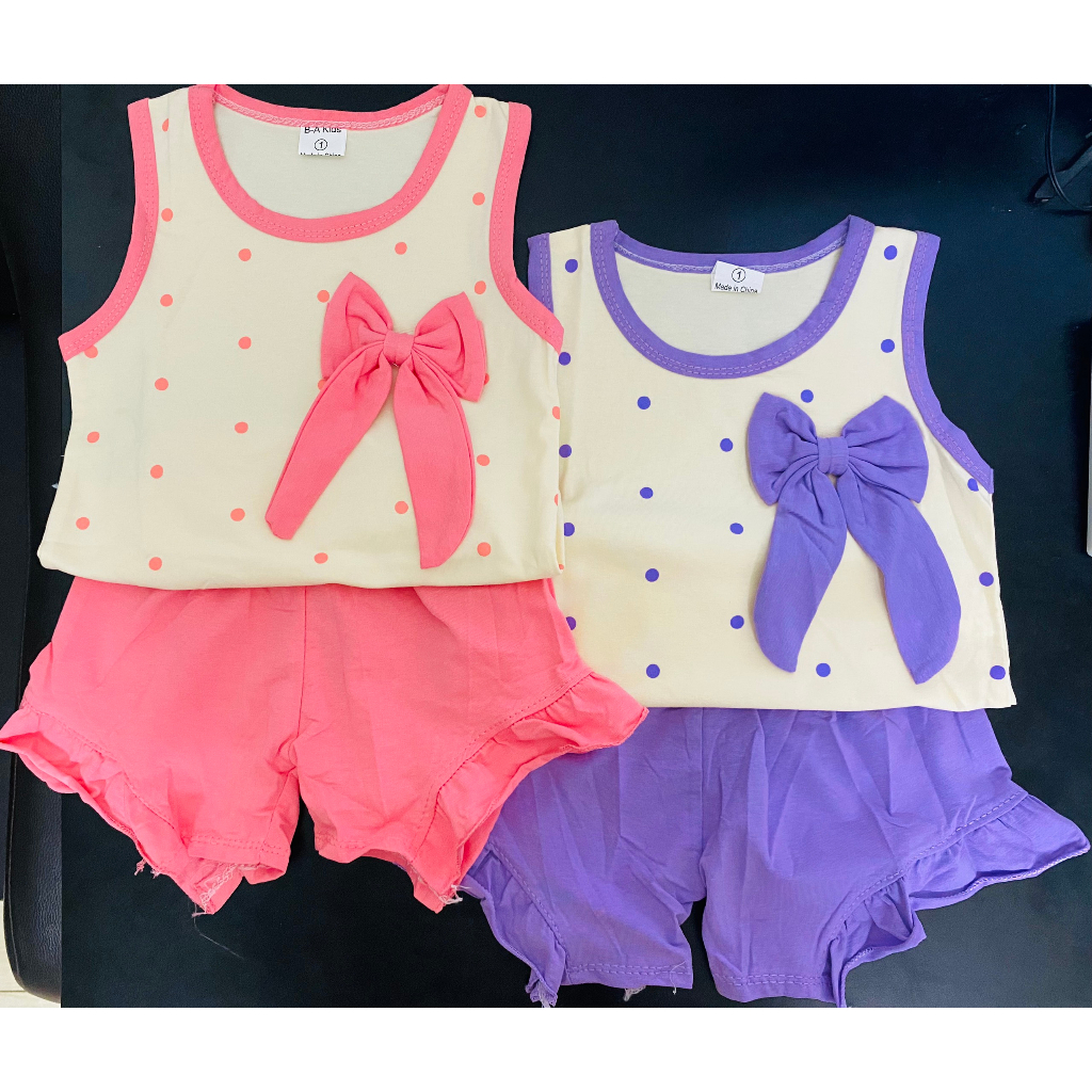 Bộ Cộc Tay Bé Gái, Bộ Cotton Nơ Chấm Bi Vải Đẹp Chuẩn Mát Cho Bé Gái Từ 8-18kg