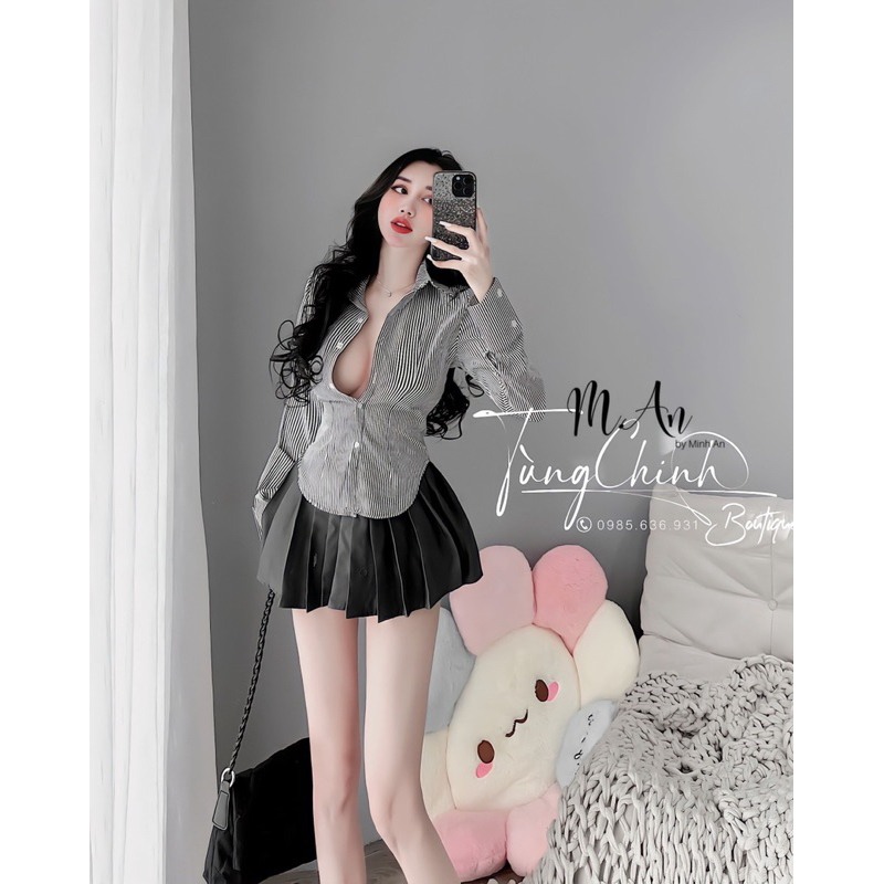 Set áo sơmi kẻ + chân váy xếp ly