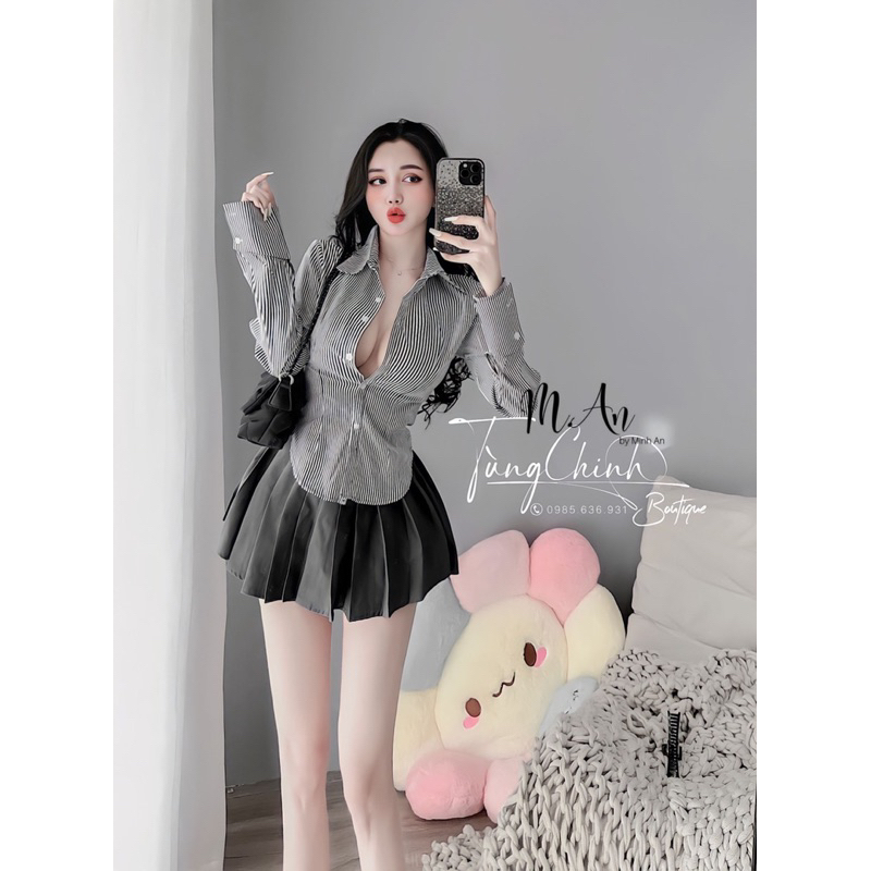 Set áo sơmi kẻ + chân váy xếp ly