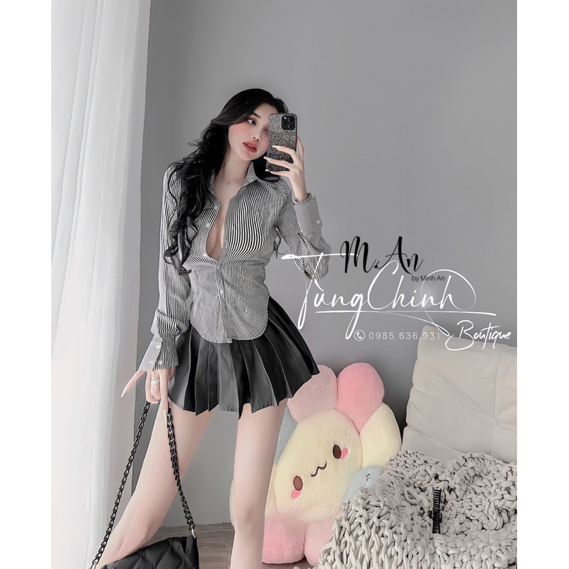 Set áo sơmi kẻ + chân váy xếp ly