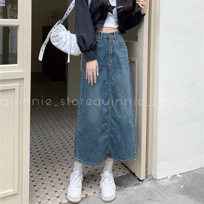 [XẢ HÀNG] Chân váy jeans chữ A dáng dài xẻ tà basic