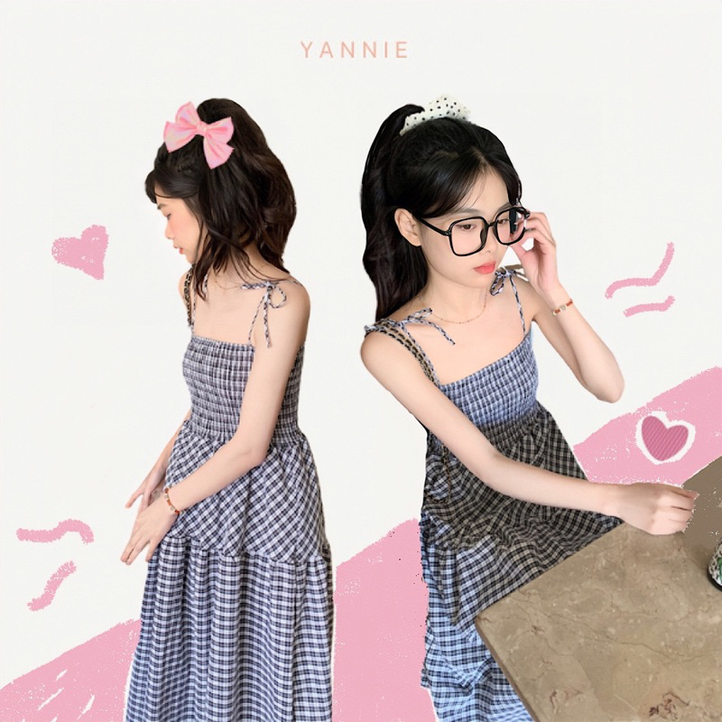 Váy đầm hai dây maxi dáng dài kẻ caro đen trắng mùa hè đi biển du lịch phong cách Hàn Quốc Yannie