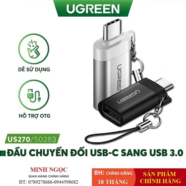 Đầu chuyển đổi cổng USB 3.0 sang Type-C đực Ugreen 50283 US270 vỏ Nhôm hỗ trợ OTG có dây gắn móc treo chìa khóa