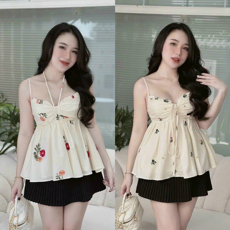 ÁO HAI DÂY HOA NHÍ DÂY RÚT NGỰC DÁNG XOÈ