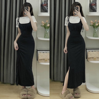 ĐẦM YẾM HAI DÂY BUỘC NƠ VAI DÁNG DÀI XẺ TÀ KÈM ÁO TAY NGẮN