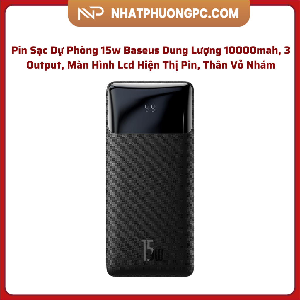 Pin Sạc Dự Phòng 15w Baseus Dung Lượng 10000mah, 3 Output, Màn Hình Lcd Hiện Thị Pin, Thân Vỏ Nhám