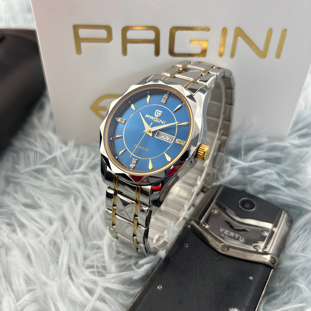 Đồng Hồ Nam Pagini PA5569 Dây Thép Đúc Đặc - Hiển Thị Lịch Ngày & Lịch Thứ - Đính Kim Cương Nhân Tạo