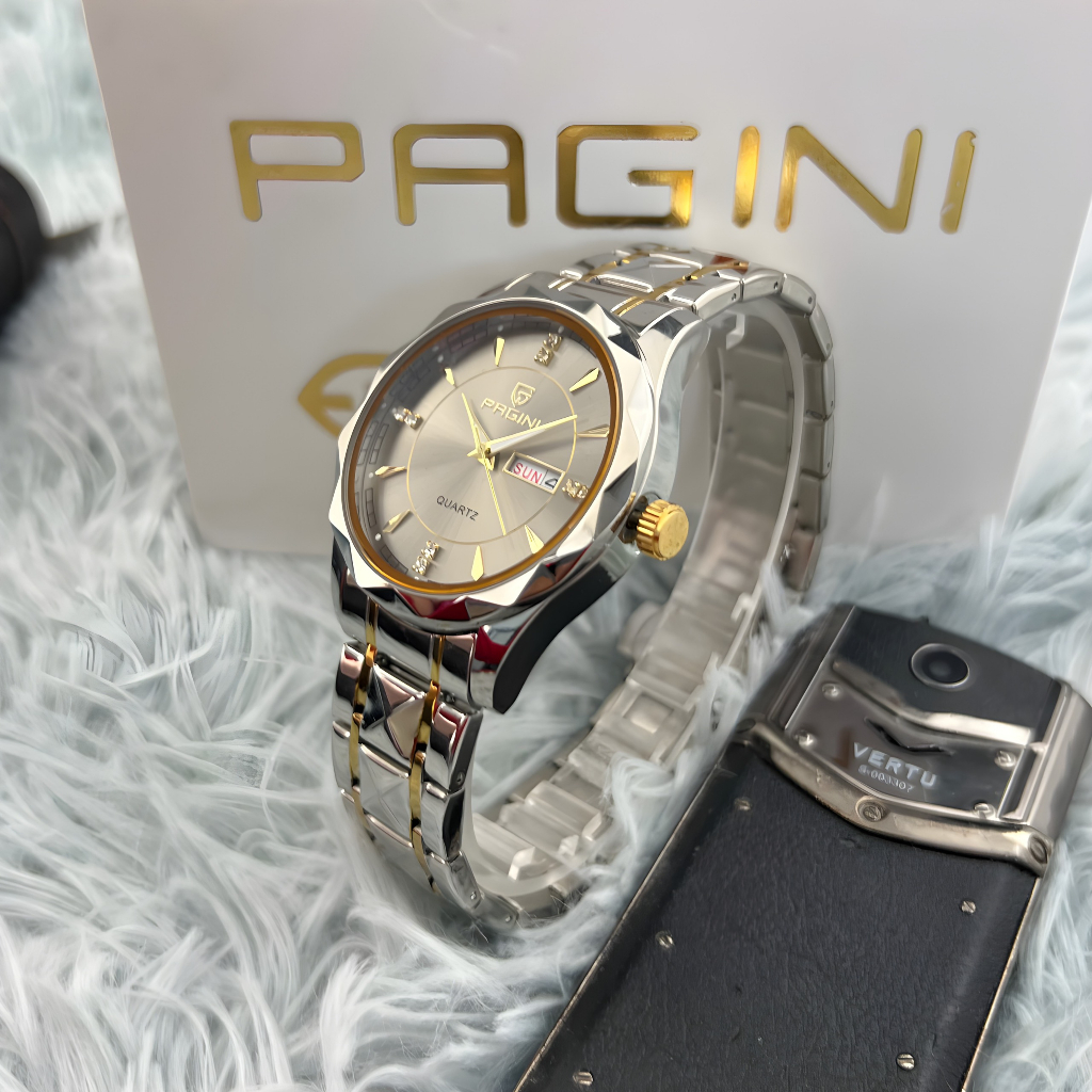 Đồng Hồ Nam Pagini PA5569 Dây Thép Đúc Đặc - Hiển Thị Lịch Ngày & Lịch Thứ - Đính Kim Cương Nhân Tạo