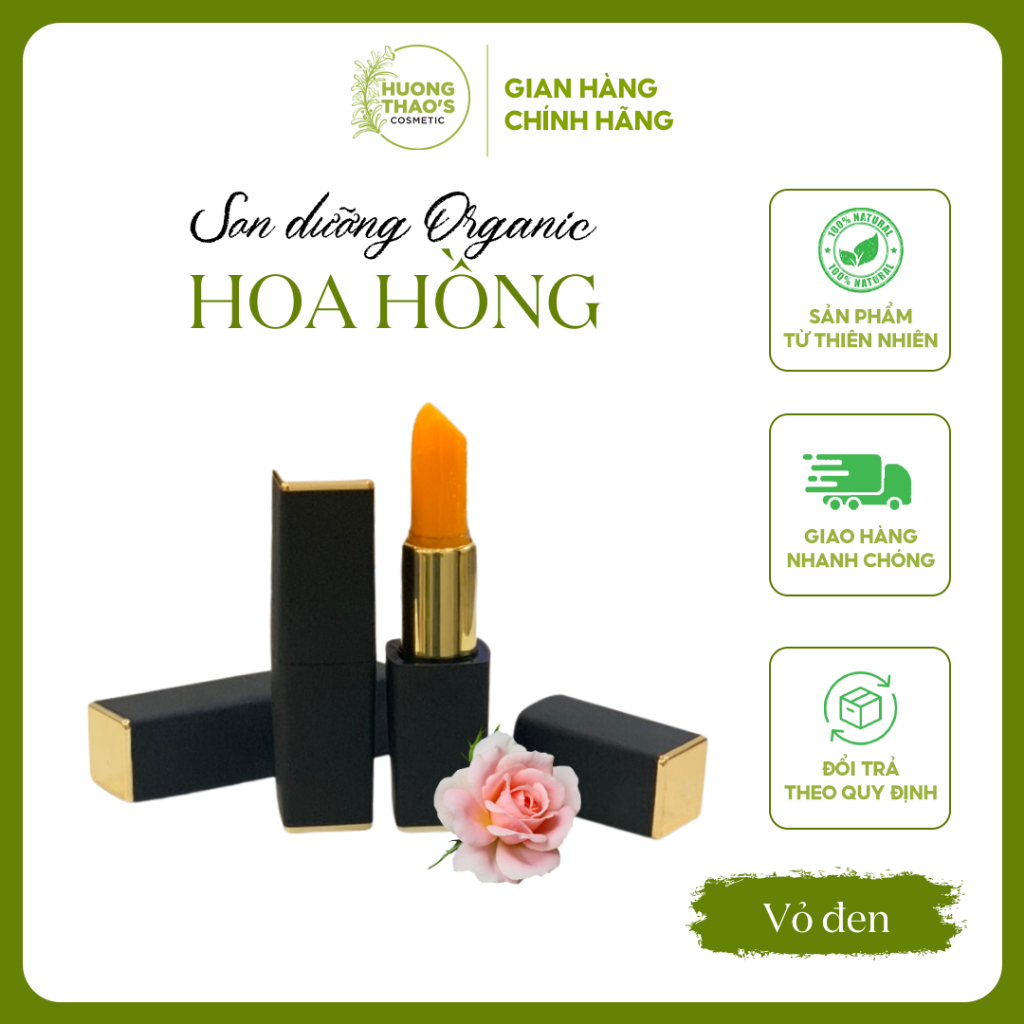 Son Dưỡng Hoa Hồng 100% Organic Tự Nhiên 30g, Không Màu, Vỏ Đen, Giảm Thâm Môi - Hương Thảo Cosmetics
