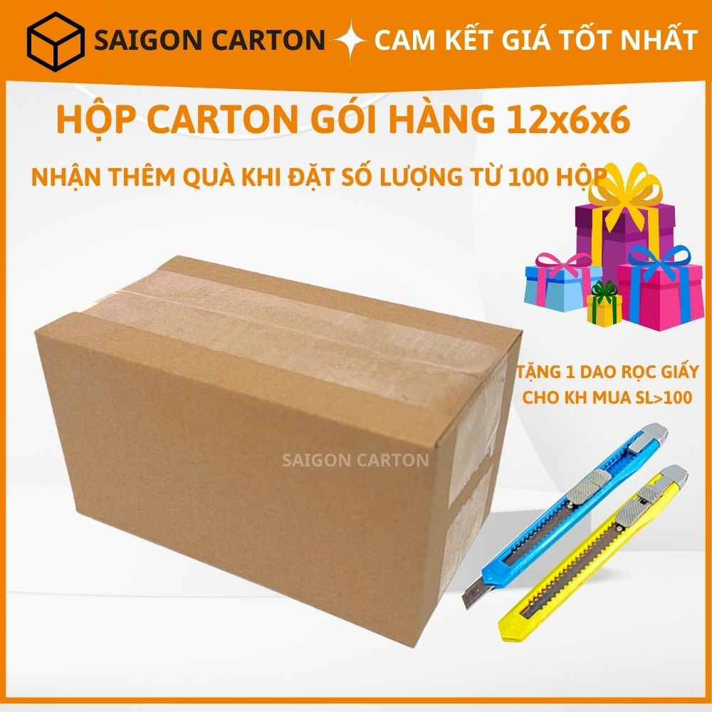Hộp carton đóng gói hàng online ship COD size 12x6x6 cm - 100 hộp tặng 1 dao rọc giấy - sản xuất bởi SÀI GÒN CARTON