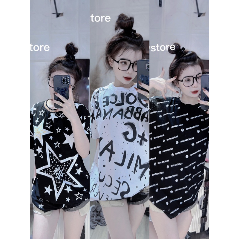 Áo Phông dập tràn chữ hình Ảnh thật JELLYSTORE COTTON thun thấm mồ hôi cổ dệt fom siêu rộng