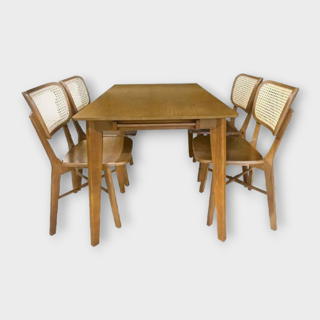 Bộ bàn ăn mặt gỗ dầy 23ly IBIE Kazuno có thanh treo khăn, ghế lưng mây gỗ cao su, tùy chọn màu sắc, số ghế