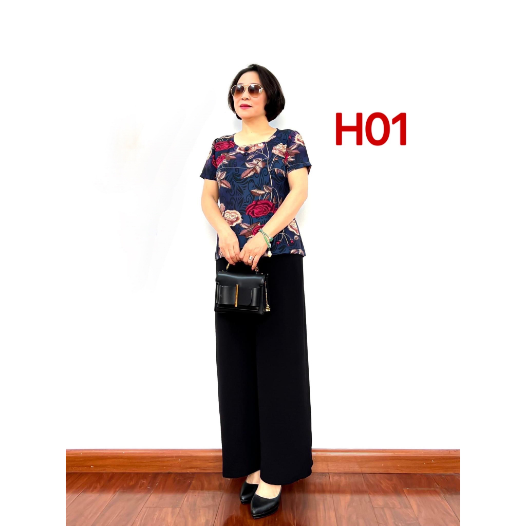 Bộ đồ Trung niên cho Bà cho Mẹ Áo lụa hàn châu Tay lỡ Quần đũi